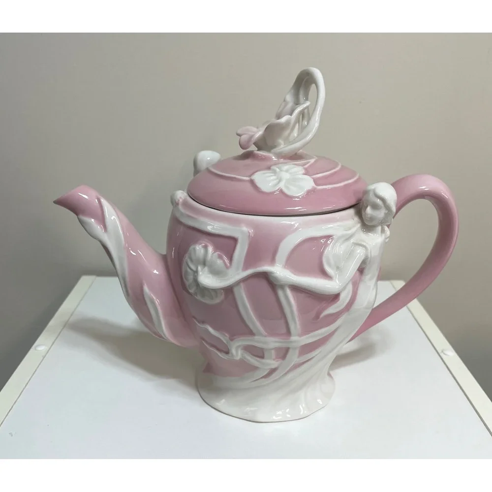 Pink Art Nouveau Lady Teapot Floral Lid Ceramic Decorative Tea Pot‎